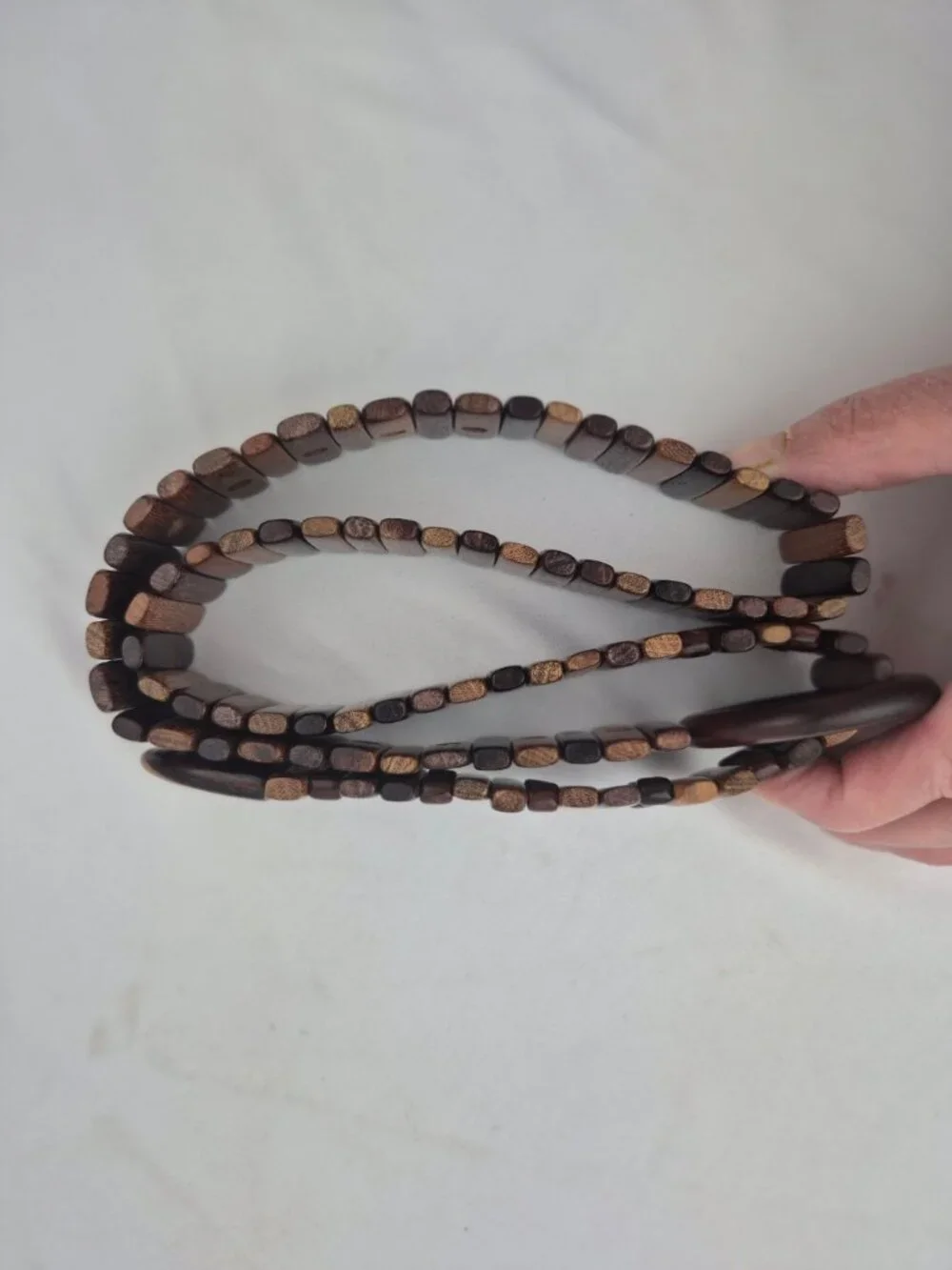 Vintage Boho Multi-Wood Slat & Bead Articulated Link Belt Round Wood Buckle